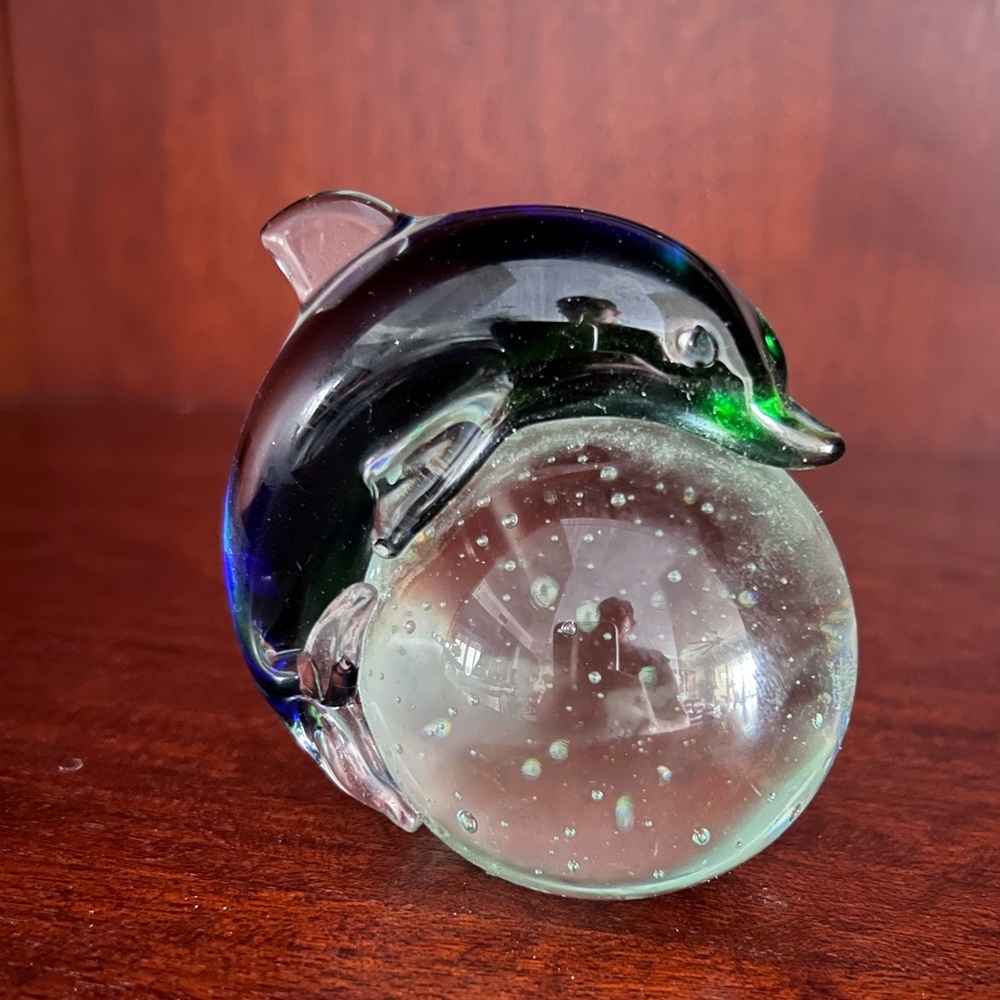 Vintage art glass dolphin on ball. Perfect used condition.